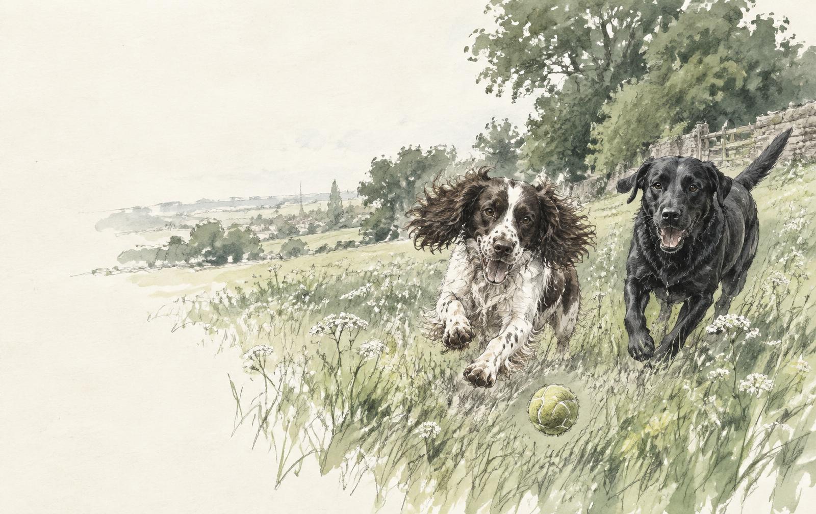 Hand-sketched spaniel and Labrador chasing a tennis ball through a meadow